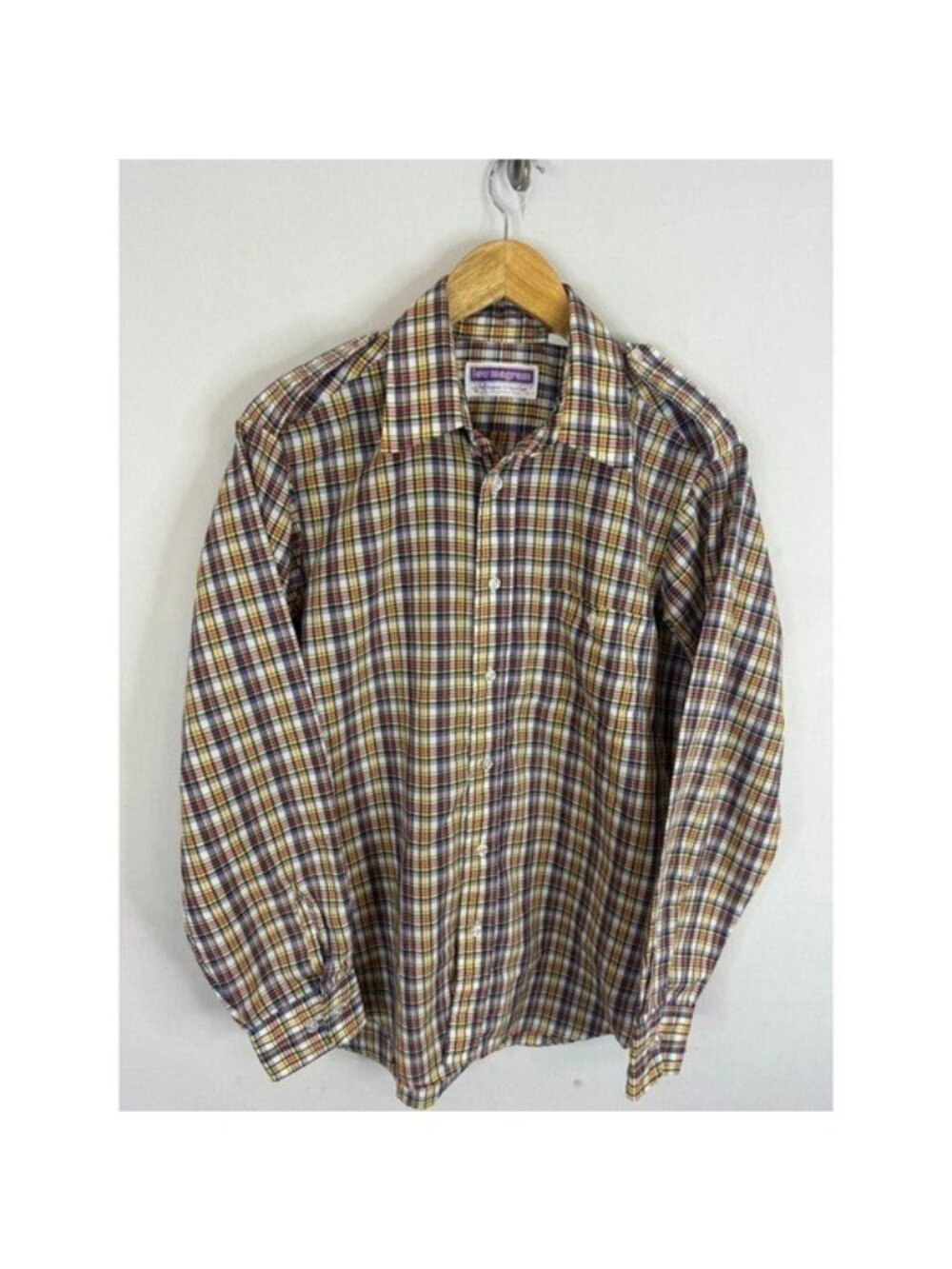 Vintage 70s Men  L Lew Magram Plaid Button Shirt Epaulets Long Sleeve New York